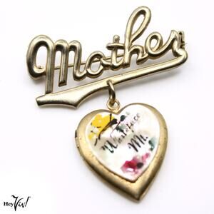 Vintage Mother Pin Heart w Locket Hand Painted Mother of Pearl Souvenir -Hey Viv